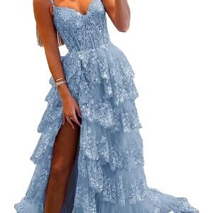 Amazon Blue Lace Tiered Prom Dress